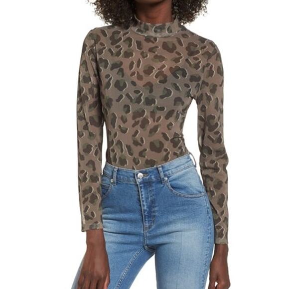 SuperTrash Sheer Green Camo Bodysuit Long Sleeve Women's Size XS - Picture 1 of 9